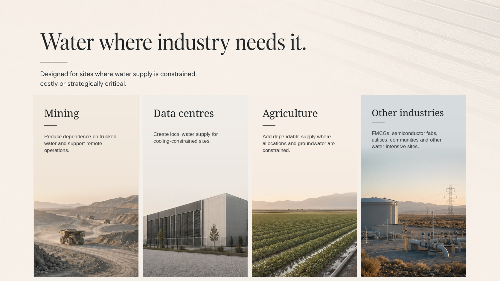 Applications across mining, data centres, agriculture, and other industries, with text positioned in the natural sky area of each image.